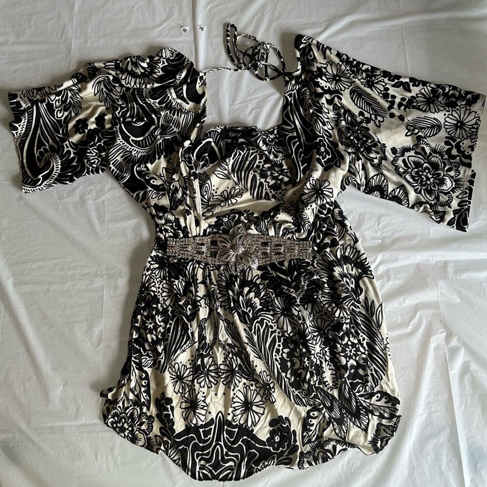 Black and White Floral Print Blouse with Swarovski Crystals Belt